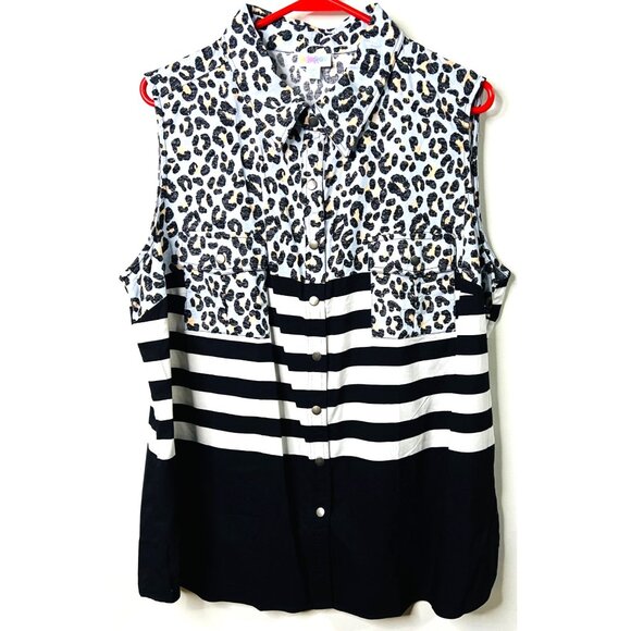 LuLaRoe Womens 2XL Sleeveless Shirt Leopard & Stripe Print Snap-Up Blouse - Picture 1 of 4